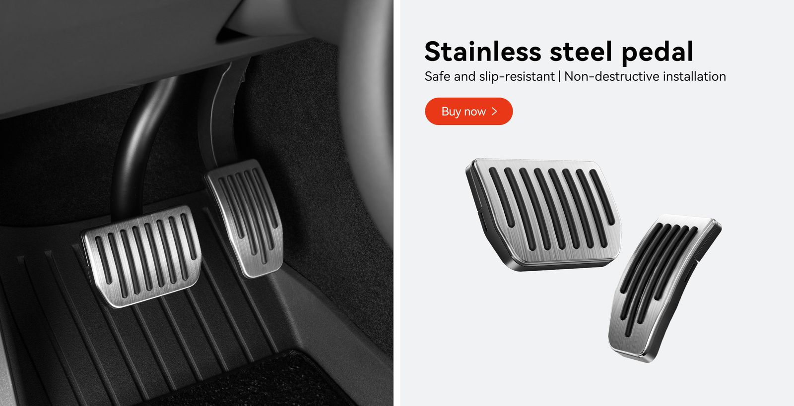 YONZEE stainless steel pedal covers in a Tesla footwell